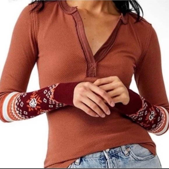 Free People Tops - NWT Free People "Mikah Layering Cuff" Women's Thermal Top Size XL Autumn Combo